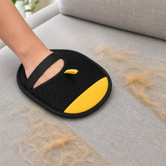 Petlux pet hair remover mitt cleaning a fabric sofa