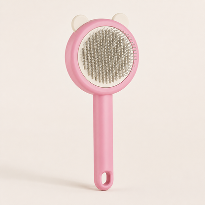 Pink bear-shaped self-cleaning pet grooming pin brush