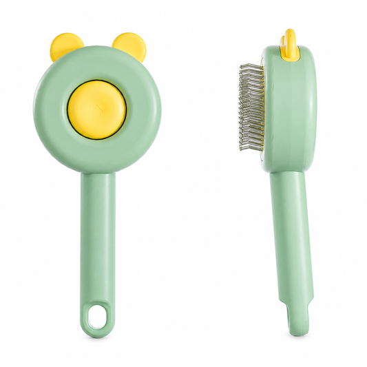 Rear button and side profile of bear-shaped pet grooming brush