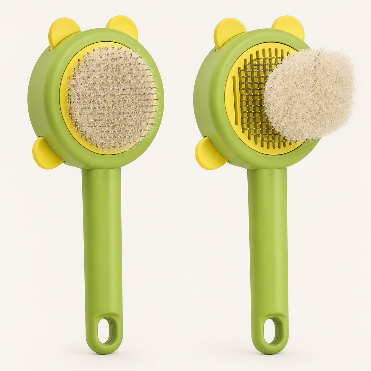 One-button self-cleaning hair release demonstration