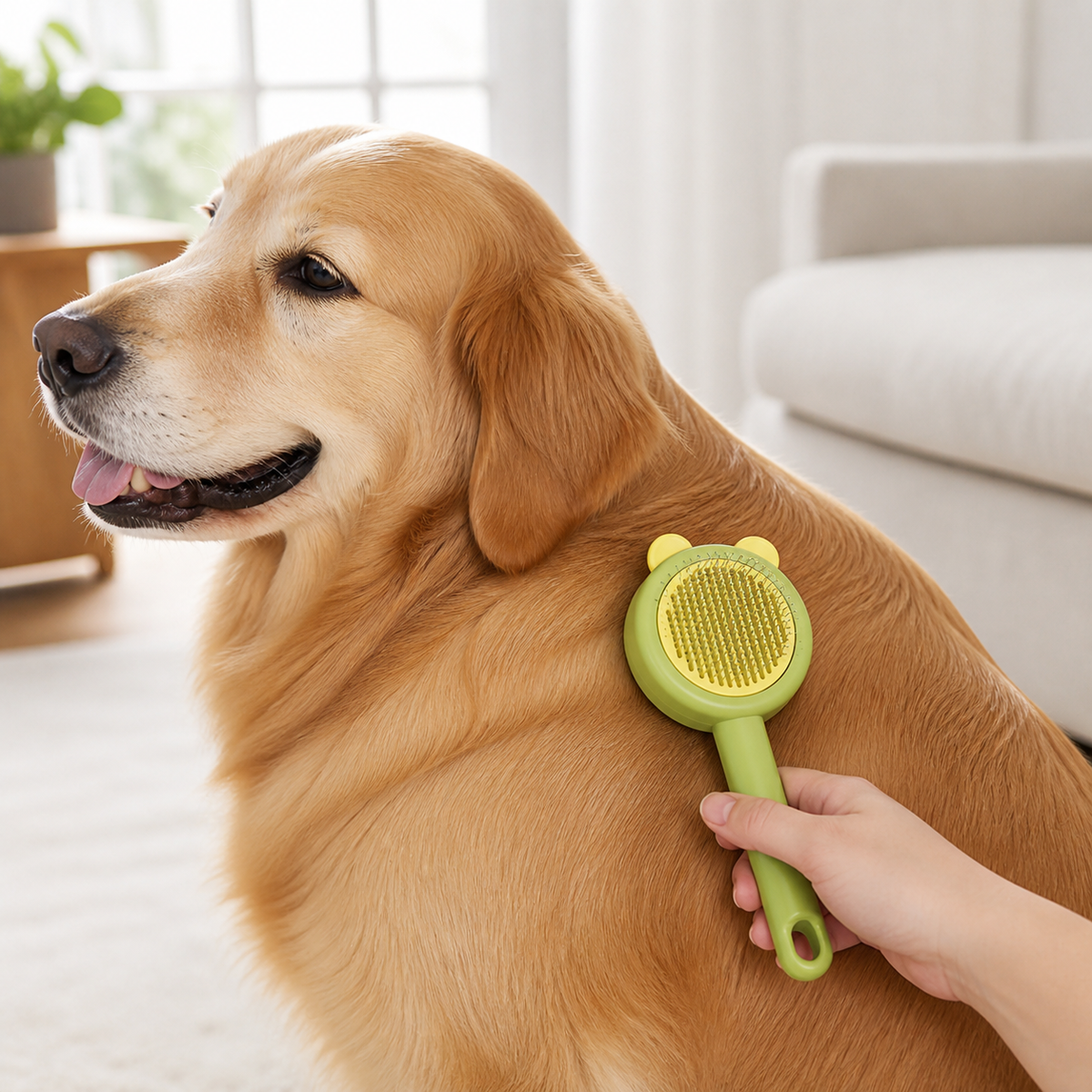 Bear-shaped pin brush grooming a golden retriever