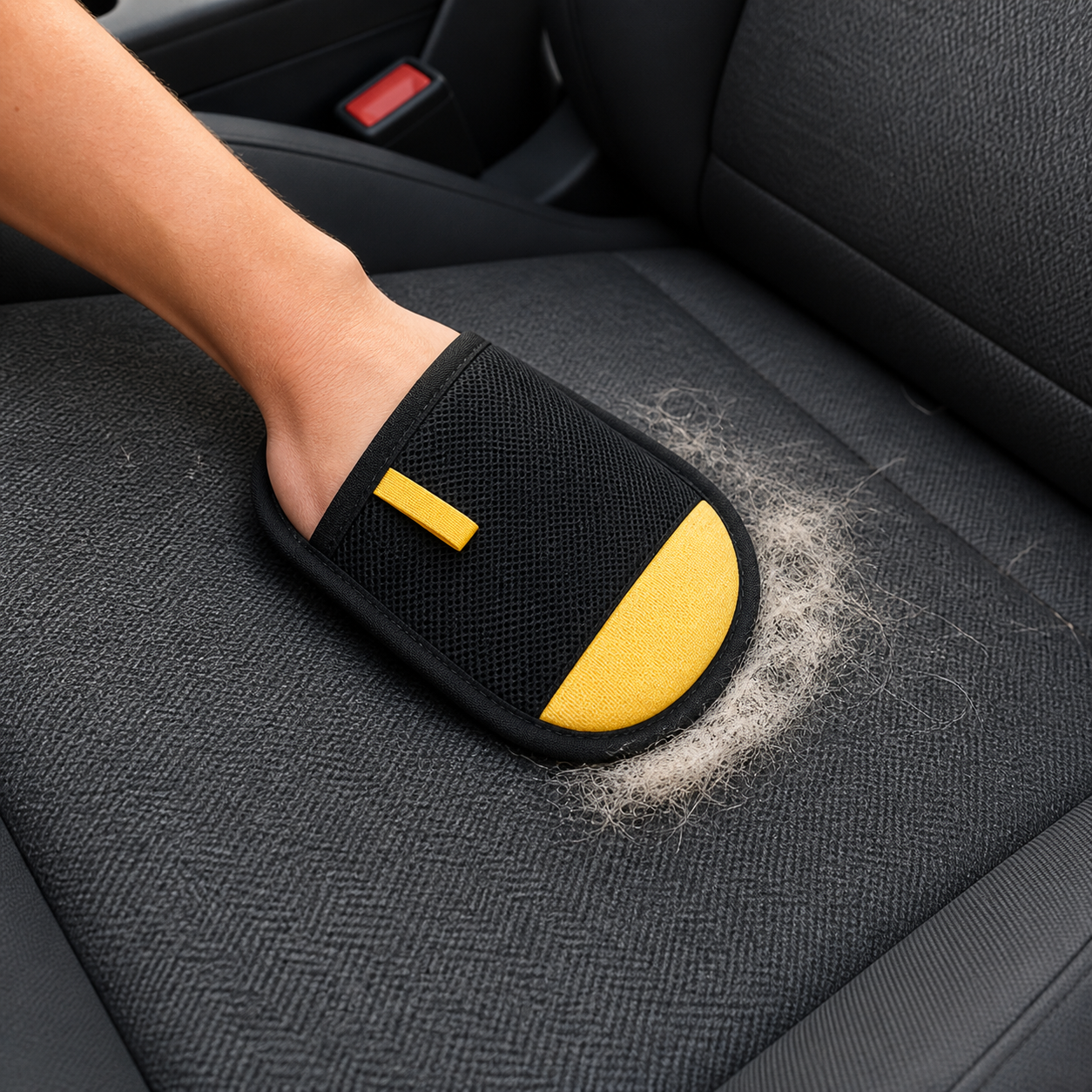 Petlux pet hair remover mitt cleaning a car seat