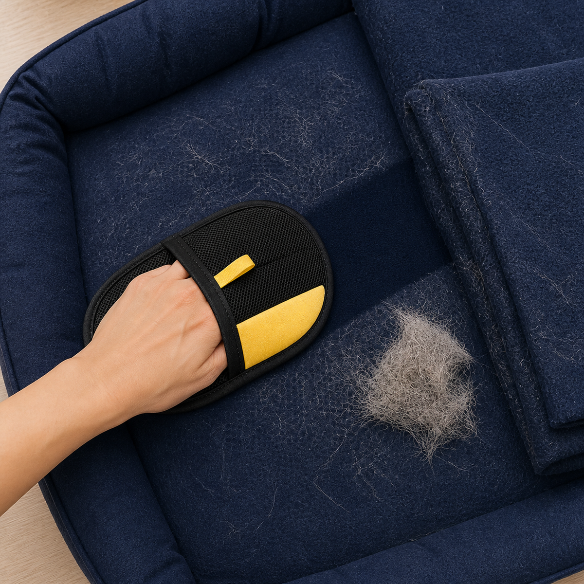 Petlux pet hair remover mitt cleaning a pet bed