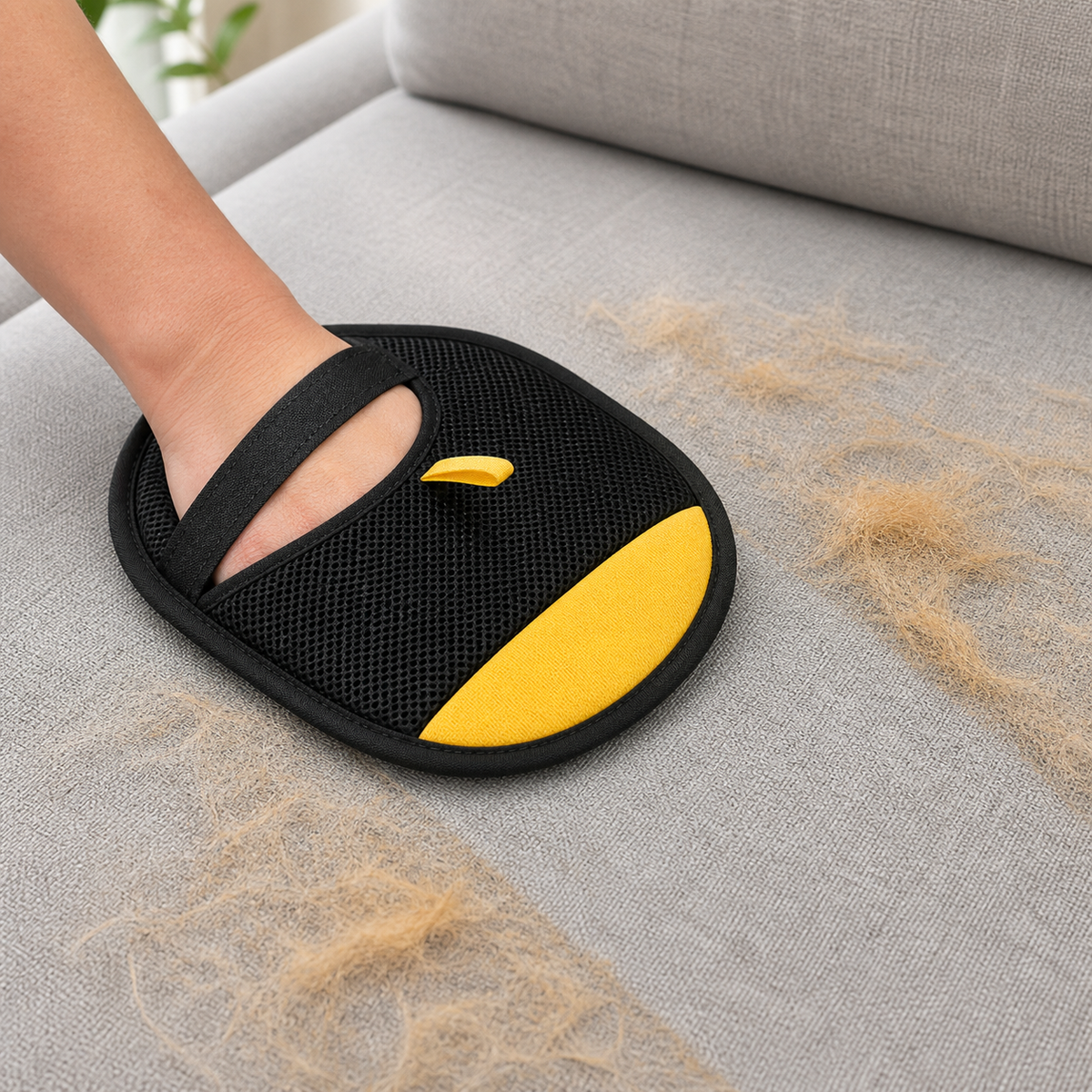 Petlux pet hair remover mitt cleaning a fabric sofa